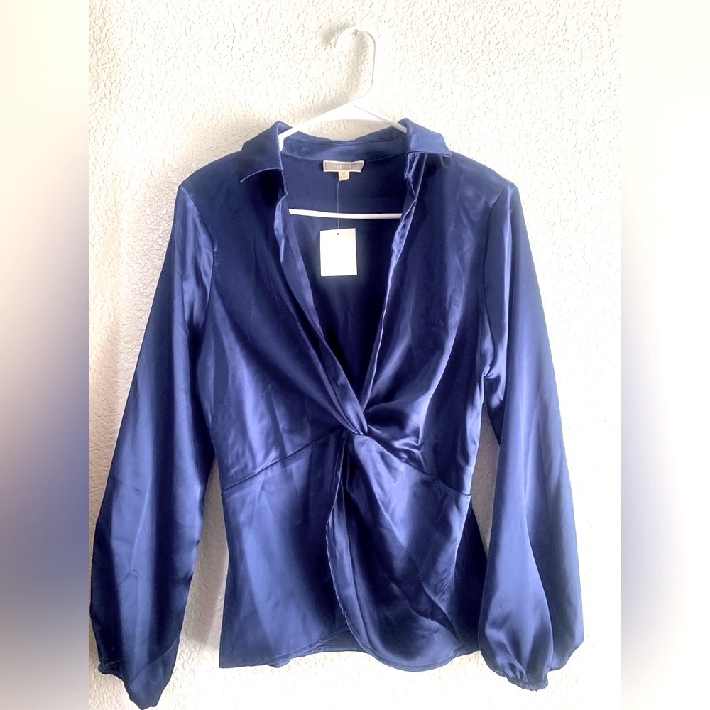 Long sleeve Blue Satin top, Size S